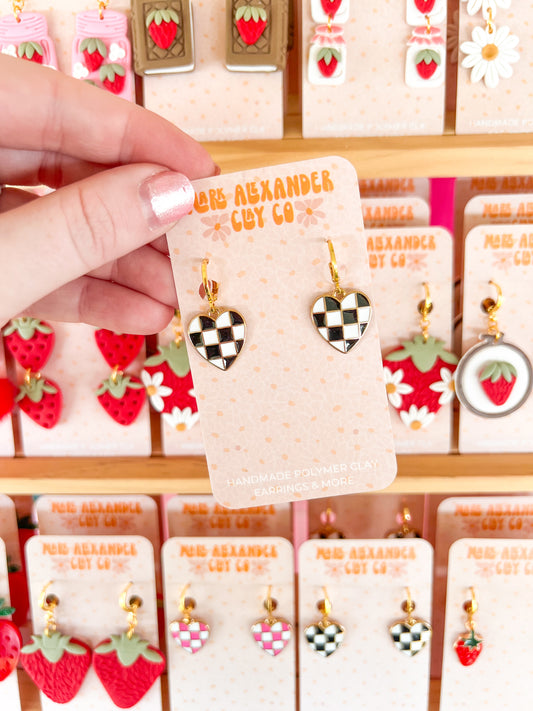 Gold Plated Checkered Black/White Heart Huggies