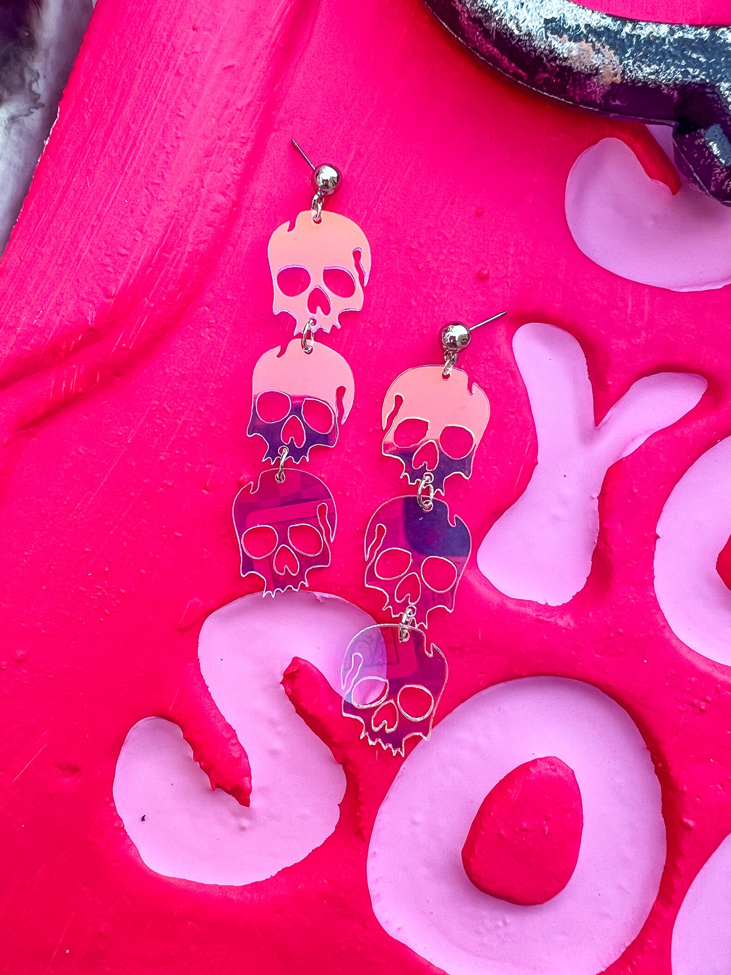 Acrylic Iridescent Stacked Skull Dangles