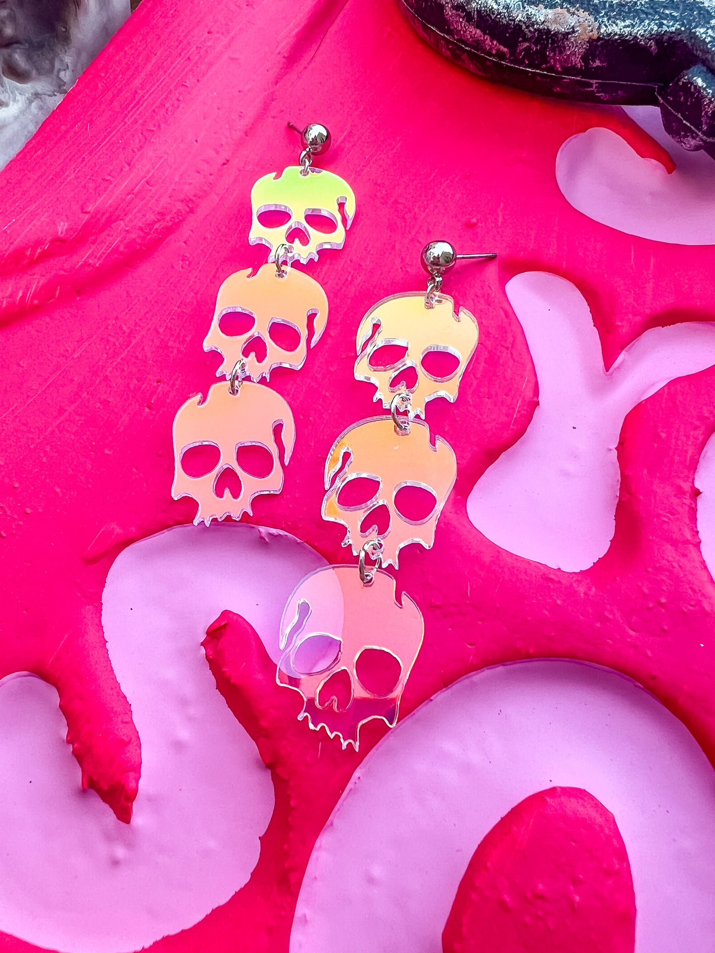 Acrylic Iridescent Stacked Skull Dangles