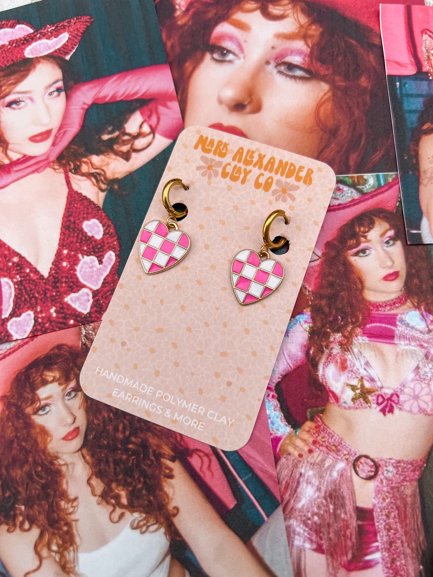 Gold Plated Checkered Pink/White Heart Huggies