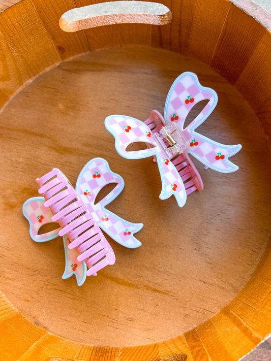 Pink/White/Baby Blue Checker Cherry Bow Acrylic Claw Hair Clip