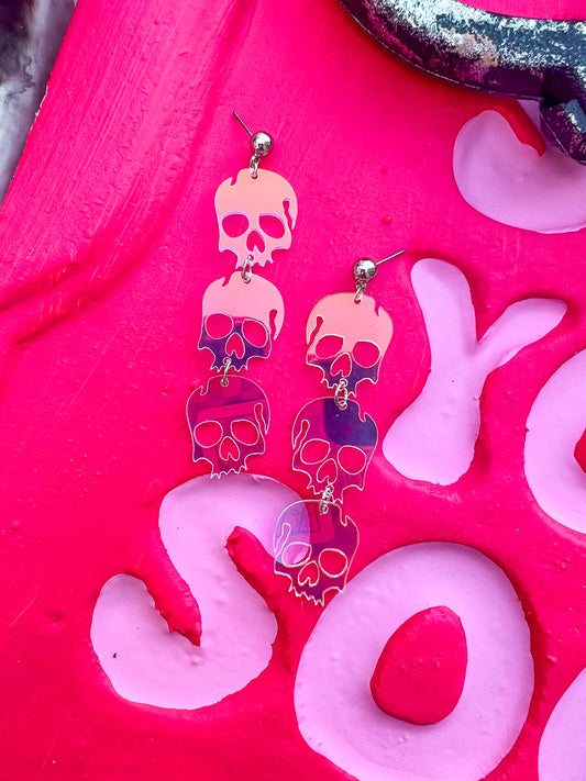 Acrylic Iridescent Stacked Skull Dangles