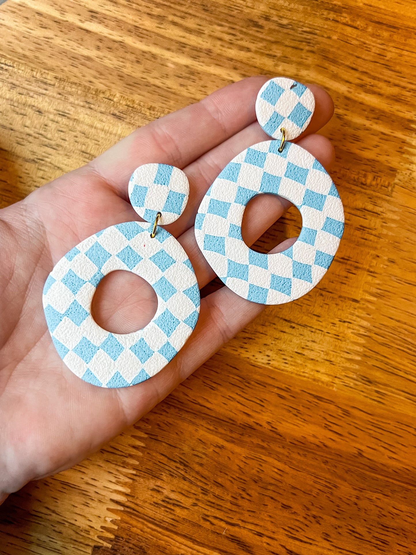 Blue/White Checkered Organic Oval Dangles