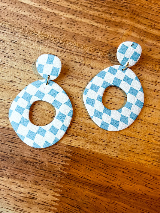 Blue/White Checkered Organic Oval Dangles
